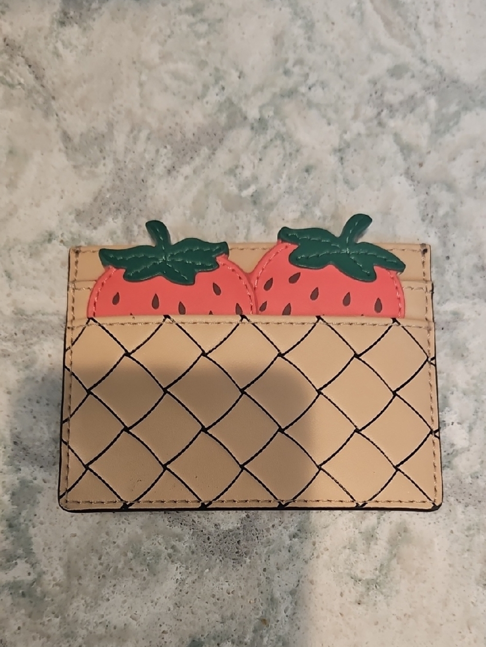 kate spade Beige Cardholder with Red Strawberry Appliqués and Green Leaves